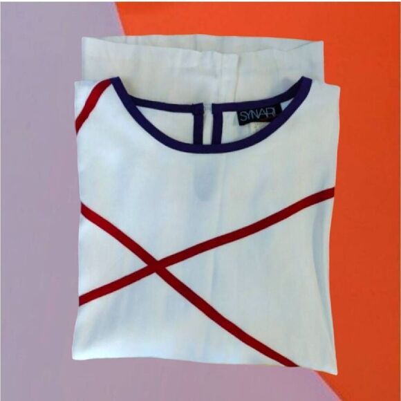 VTG 80s USA White Colorful Abstract Trim Rayon Blouse Plussize 2XL - Picture 5 of 13